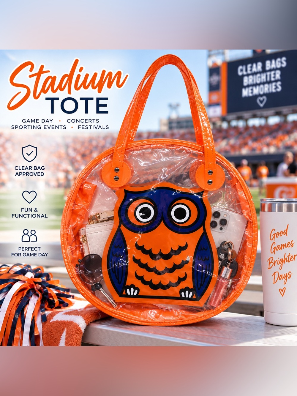 Clear Orange Owl Stadium Tote Bag Game Day Concert Purse